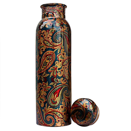 FINDOSOM Copper Water Bottle Meenakari Printed Work 1Ltr, Pure Copper Designer Water Bottle with Leak Proof Protection, Ayurveda and Yoga Health Benefits