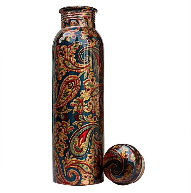 FINDOSOM Copper Water Bottle Meenakari Printed Work 1Ltr, Pure Copper Designer Water Bottle with Leak Proof Protection, Ayurveda and Yoga Health Benefits