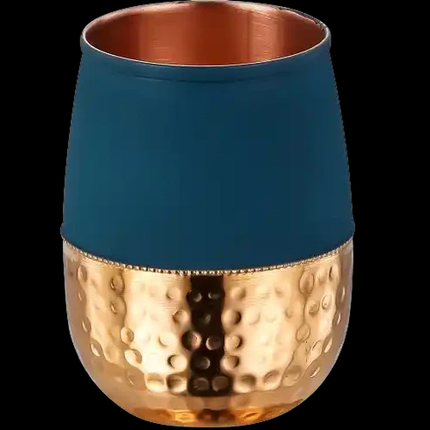 FINDOSOM Blue Copper Glass, Pure Copper Water Glass, Green Half Hammered Dholak Tumbler 250ml