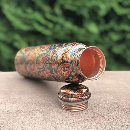 FINDOSOM Copper Water Bottle Meenakari Printed Work 1Ltr, Pure Copper Designer Water Bottle with Leak Proof Protection, Ayurveda and Yoga Health Benefits