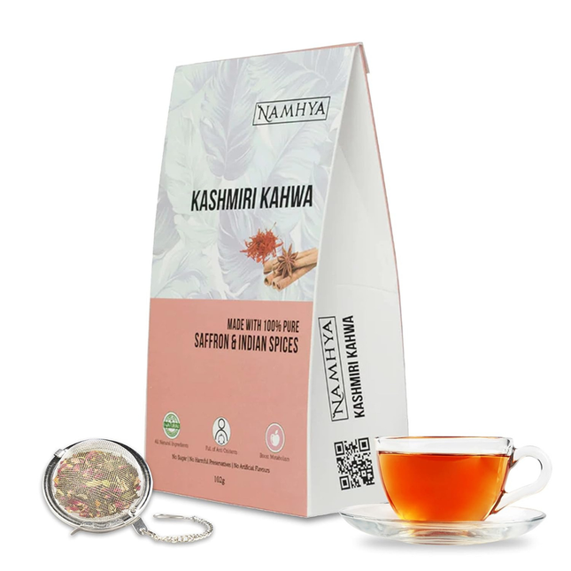 Namhya - Kashmiri Kahwa Herbal Tea - 100g (50 Cups) - Boosts Mood, Aids Digestion, Rich in Antioxidants - Saffron, Cardamom, Cinnamon, Cloves - Natural, No Preservatives - Balances Vata & Pitta, FREE SHIPPING