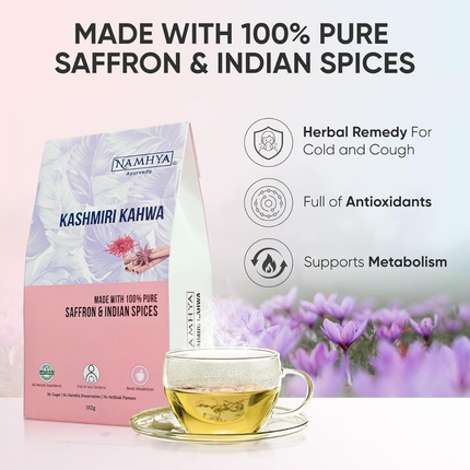 Namhya - Kashmiri Kahwa Herbal Tea - 100g (50 Cups) - Boosts Mood, Aids Digestion, Rich in Antioxidants - Saffron, Cardamom, Cinnamon, Cloves - Natural, No Preservatives - Balances Vata & Pitta, FREE SHIPPING