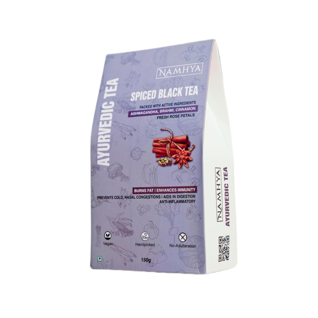 Namhya - Spiced Black Loose Leaf Tea - 150g (75 Cups) - Reduces Stress, Boosts Stamina, Aids Digestion, Enhances Focus - Ashwagandha, Brahmi, Cinnamon - Natural, No Preservatives - Balances Vata & Kapha, FREE SHIPPING