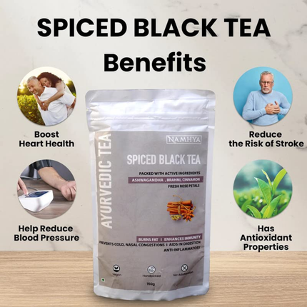 Namhya - Spiced Black Loose Leaf Tea - 150g (75 Cups) - Reduces Stress, Boosts Stamina, Aids Digestion, Enhances Focus - Ashwagandha, Brahmi, Cinnamon - Natural, No Preservatives - Balances Vata & Kapha, FREE SHIPPING