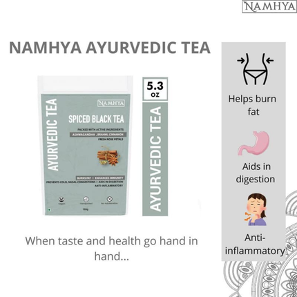Namhya - Spiced Black Loose Leaf Tea - 150g (75 Cups) - Reduces Stress, Boosts Stamina, Aids Digestion, Enhances Focus - Ashwagandha, Brahmi, Cinnamon - Natural, No Preservatives - Balances Vata & Kapha, FREE SHIPPING