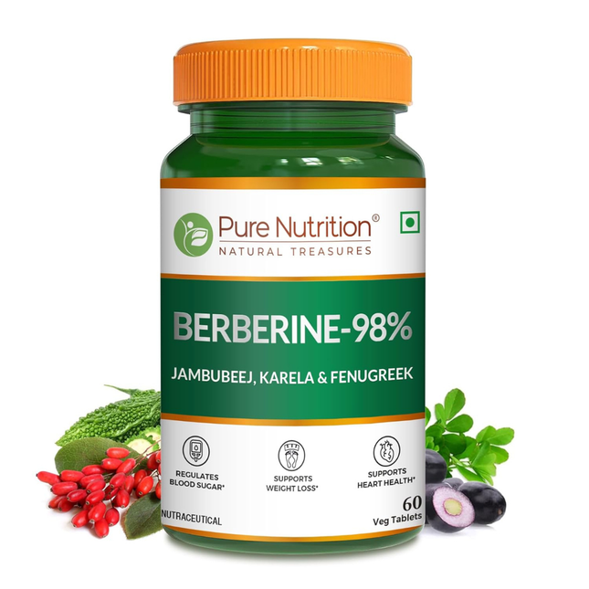 Pure Nutrition BERBERINE 98% – 60 Veg Tablets | with Jamun Beej, Karela & Fenugreek Extract | Supports Blood Sugar Control, Weight Management, Heart & Metabolic Health | Natural Herbal Wellness Formula, FREE SHIPPING