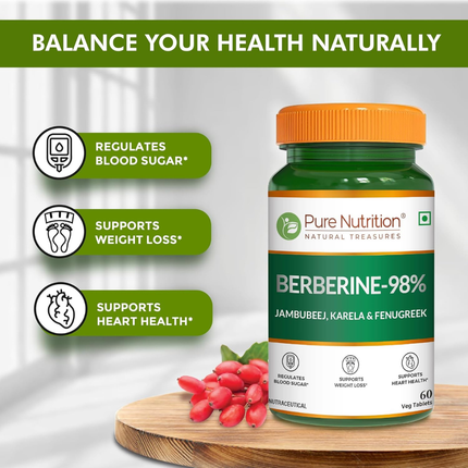 Pure Nutrition BERBERINE 98% – 60 Veg Tablets | with Jamun Beej, Karela & Fenugreek Extract | Supports Blood Sugar Control, Weight Management, Heart & Metabolic Health | Natural Herbal Wellness Formula, FREE SHIPPING