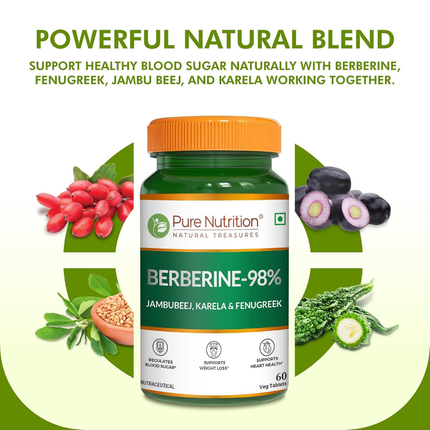 Pure Nutrition BERBERINE 98% – 60 Veg Tablets | with Jamun Beej, Karela & Fenugreek Extract | Supports Blood Sugar Control, Weight Management, Heart & Metabolic Health | Natural Herbal Wellness Formula, FREE SHIPPING