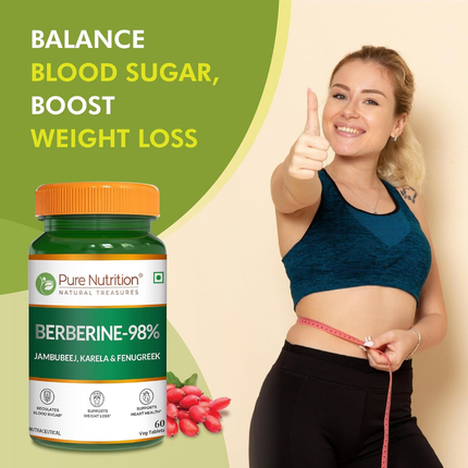 Pure Nutrition BERBERINE 98% – 60 Veg Tablets | with Jamun Beej, Karela & Fenugreek Extract | Supports Blood Sugar Control, Weight Management, Heart & Metabolic Health | Natural Herbal Wellness Formula, FREE SHIPPING