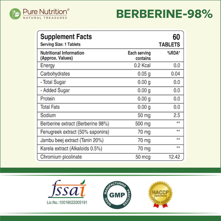 Pure Nutrition BERBERINE 98% – 60 Veg Tablets | with Jamun Beej, Karela & Fenugreek Extract | Supports Blood Sugar Control, Weight Management, Heart & Metabolic Health | Natural Herbal Wellness Formula, FREE SHIPPING