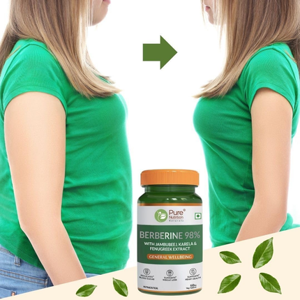 Pure Nutrition BERBERINE 98% – 60 Veg Tablets | with Jamun Beej, Karela & Fenugreek Extract | Supports Blood Sugar Control, Weight Management, Heart & Metabolic Health | Natural Herbal Wellness Formula, FREE SHIPPING