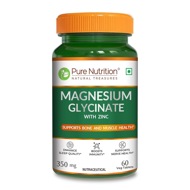 Pure Nutrition Magnesium Glycinate + Zinc - 60 Veg Tablets | Supports Bone, Muscle & Nerve Health | Promotes Relaxation & Quality Sleep | Eases Period Cramps | Enhances Stress Relief & Heart Health | Essential Daily Mineral Supplement, FREE SHIPPING