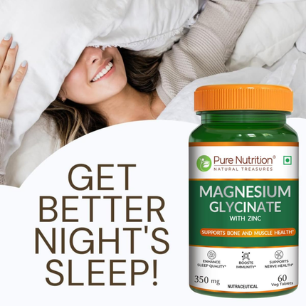 Pure Nutrition Magnesium Glycinate + Zinc - 60 Veg Tablets | Supports Bone, Muscle & Nerve Health | Promotes Relaxation & Quality Sleep | Eases Period Cramps | Enhances Stress Relief & Heart Health | Essential Daily Mineral Supplement, FREE SHIPPING