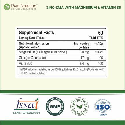 Pure Nutrition Zinc ZMA – 60 Veg Tablets | 800mg Zinc, Magnesium Aspartate & Vitamin B6 | Supports Muscle Recovery, Bone Strength & Deep Sleep | Boosts Energy, Testosterone & Immunity | Ideal for Athletes & Active Lifestyles, FREE SHIPPING