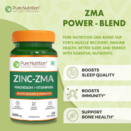 Pure Nutrition Zinc ZMA – 60 Veg Tablets | 800mg Zinc, Magnesium Aspartate & Vitamin B6 | Supports Muscle Recovery, Bone Strength & Deep Sleep | Boosts Energy, Testosterone & Immunity | Ideal for Athletes & Active Lifestyles, FREE SHIPPING