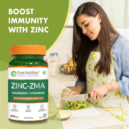 Pure Nutrition Zinc ZMA – 60 Veg Tablets | 800mg Zinc, Magnesium Aspartate & Vitamin B6 | Supports Muscle Recovery, Bone Strength & Deep Sleep | Boosts Energy, Testosterone & Immunity | Ideal for Athletes & Active Lifestyles, FREE SHIPPING