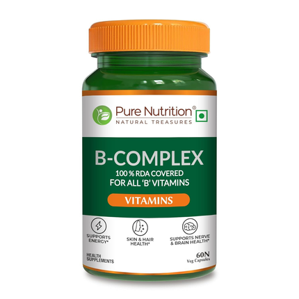 Pure Nutrition B-Complex 60 Veg Tabs – 100% RDA of B1, B2, B3, B5, B6, B9 | Boosts Immunity, Supports Hair Growth, Energy & Overall Health for Men & Women, FREE SHIPPING