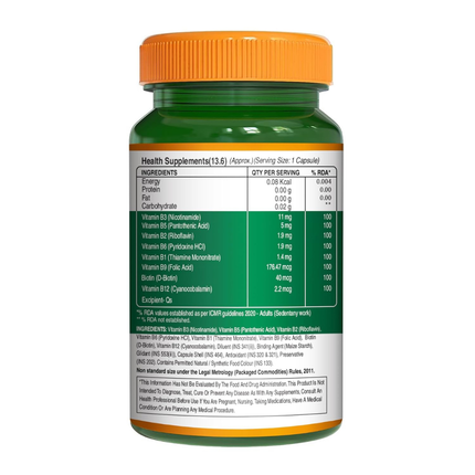 Pure Nutrition B-Complex 60 Veg Tabs – 100% RDA of B1, B2, B3, B5, B6, B9 | Boosts Immunity, Supports Hair Growth, Energy & Overall Health for Men & Women, FREE SHIPPING