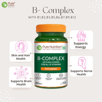 Pure Nutrition B-Complex 60 Veg Tabs – 100% RDA of B1, B2, B3, B5, B6, B9 | Boosts Immunity, Supports Hair Growth, Energy & Overall Health for Men & Women, FREE SHIPPING
