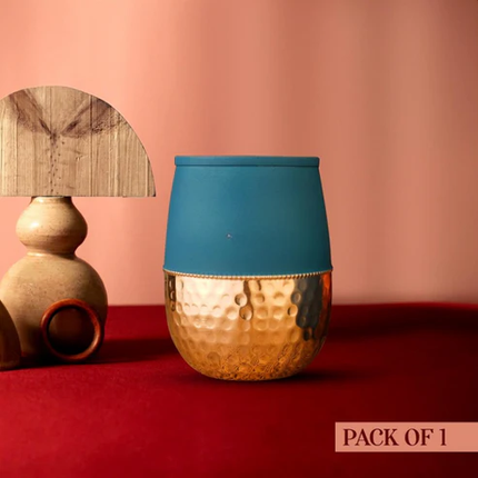 FINDOSOM Blue Copper Glass, Pure Copper Water Glass, Green Half Hammered Dholak Tumbler 250ml