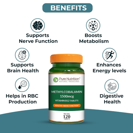 Pure Nutrition Vitamin B12 (1500mcg) - 120 Veg Tablets | Methylcobalamin B12 for Men & Women | Boosts Immunity & Energy Levels | Supports Brain, Nerve & Heart Health | Essential for Red Blood Cell Formation, FREE SHIPPING