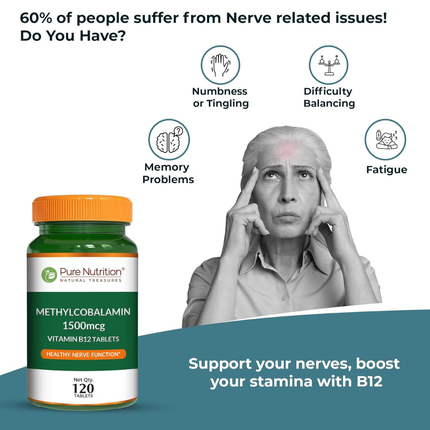 Pure Nutrition Vitamin B12 (1500mcg) - 120 Veg Tablets | Methylcobalamin B12 for Men & Women | Boosts Immunity & Energy Levels | Supports Brain, Nerve & Heart Health | Essential for Red Blood Cell Formation, FREE SHIPPING