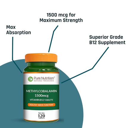 Pure Nutrition Vitamin B12 (1500mcg) - 120 Veg Tablets | Methylcobalamin B12 for Men & Women | Boosts Immunity & Energy Levels | Supports Brain, Nerve & Heart Health | Essential for Red Blood Cell Formation, FREE SHIPPING