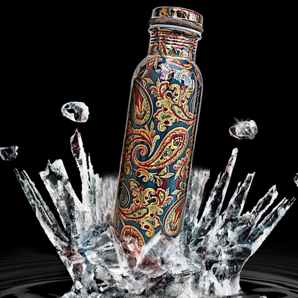 FINDOSOM Copper Water Bottle Meenakari Printed Work 1Ltr, Pure Copper Designer Water Bottle with Leak Proof Protection, Ayurveda and Yoga Health Benefits