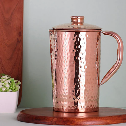 FINDOSOM Pure Copper Hammered Water Jug UNLINED, UNCOATED and LACQURE FREE (Copper Pitcher) for Ayurveda Health Benefits - 1500 Ml
