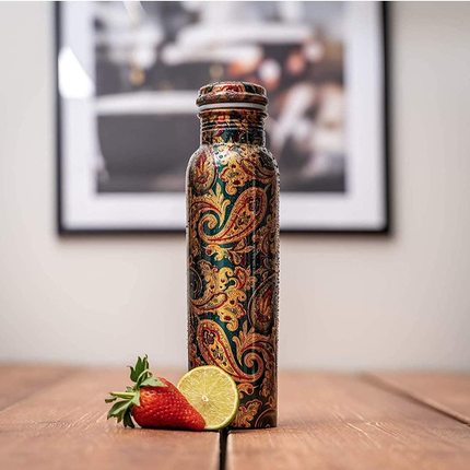 FINDOSOM Copper Water Bottle Meenakari Printed Work 1Ltr, Pure Copper Designer Water Bottle with Leak Proof Protection, Ayurveda and Yoga Health Benefits