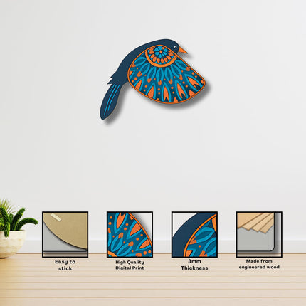 Wooden 3D 5 Pieces Birds for Wall Art Panel | Wood Bird Folk Art Wall Hanging Art Decoration Item for Living Room, Bedroom, Drawing Room, Dining Room & Office (Navy Blue) Pack of 1