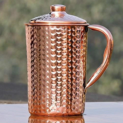 FINDOSOM Pure Copper Hammered Water Jug UNLINED, UNCOATED and LACQURE FREE (Copper Pitcher) for Ayurveda Health Benefits - 1500 Ml