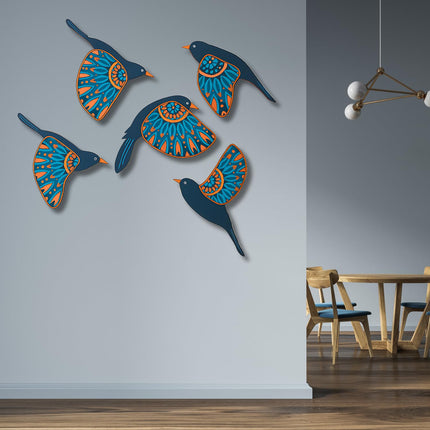 Wooden 3D 5 Pieces Birds for Wall Art Panel | Wood Bird Folk Art Wall Hanging Art Decoration Item for Living Room, Bedroom, Drawing Room, Dining Room & Office (Navy Blue) Pack of 1