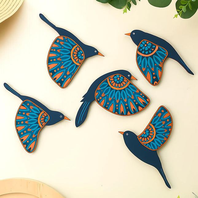 Wooden 3D 5 Pieces Birds for Wall Art Panel | Wood Bird Folk Art Wall Hanging Art Decoration Item for Living Room, Bedroom, Drawing Room, Dining Room & Office (Navy Blue) Pack of 1