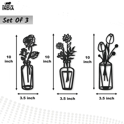 Flower Wall Decor 3-Piece Set | Wooden Floral Wall Hanging Art for Bedroom, Hall & Living Room | Laser Cut MDF Panels for Home Decor | Wall Decoration Items (Black, Set of 3)