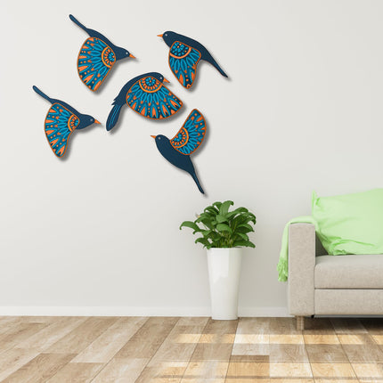 Wooden 3D 5 Pieces Birds for Wall Art Panel | Wood Bird Folk Art Wall Hanging Art Decoration Item for Living Room, Bedroom, Drawing Room, Dining Room & Office (Navy Blue) Pack of 1