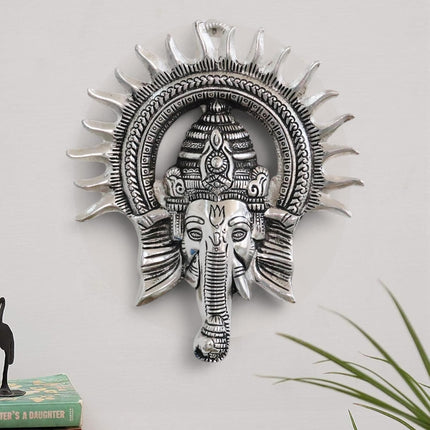 Ganesha Idol with Surya Chakra - Ganesh murti Wall hangings Rajasthani Handicrafts Decorative Showpiece for Gifting Anniversary Valentine's Day (Silver)