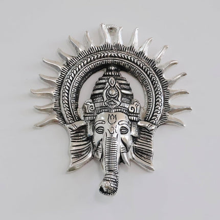 Ganesha Idol with Surya Chakra - Ganesh murti Wall hangings Rajasthani Handicrafts Decorative Showpiece for Gifting Anniversary Valentine's Day (Silver)