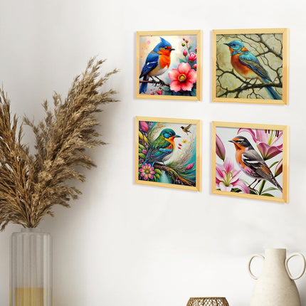 Floral Birds Theme Wall Art, Beautiful Artwork Frame Prints, Textured Posters for Living Room, Bedroom, Home Decor (Wooden- Design 3)