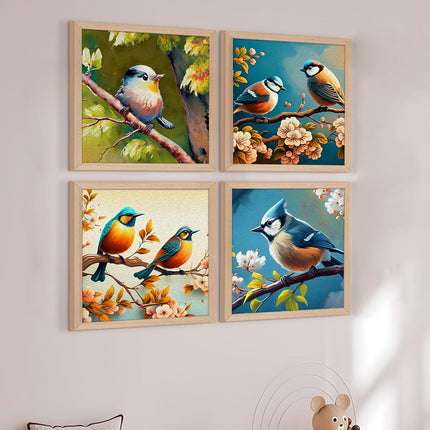 Floral Birds Theme Wall Art, Beautiful Artwork Frame Prints, Textured Posters for Living Room, Bedroom, Home Decor (Wooden- Design 4)