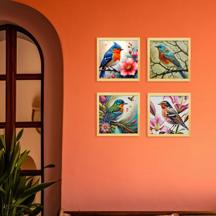 Floral Birds Theme Wall Art, Beautiful Artwork Frame Prints, Textured Posters for Living Room, Bedroom, Home Decor (Wooden- Design 3)