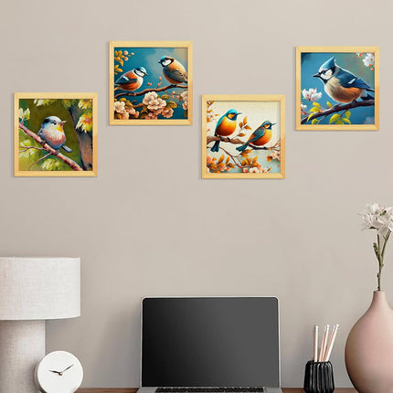 Floral Birds Theme Wall Art, Beautiful Artwork Frame Prints, Textured Posters for Living Room, Bedroom, Home Decor (Wooden- Design 4)