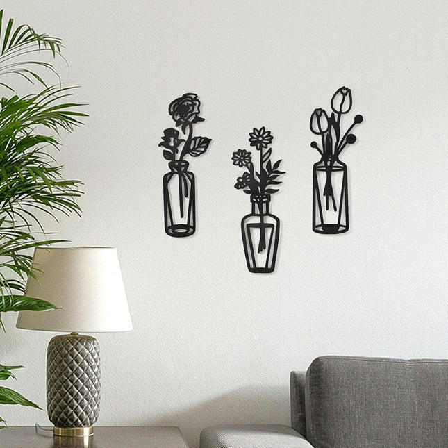 Flower Wall Decor 3-Piece Set | Wooden Floral Wall Hanging Art for Bedroom, Hall & Living Room | Laser Cut MDF Panels for Home Decor | Wall Decoration Items (Black, Set of 3)