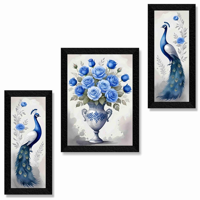flower with couple peacock Paintings for Wall Decoration - Set Of 3, 3d Painting for Living Room Large Size with Frames for Home Decoration, Hotel, Office painting 61 cm x 36 cm S36045