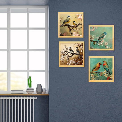 Floral Birds Theme Wall Art, Beautiful Artwork Frame Prints, Textured Posters for Living Room, Bedroom, Home Decor (Wooden- Design 2)