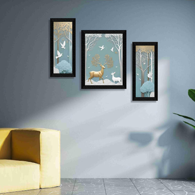 couple deer wall painting for Wall Decoration - Set Of 3, 3d modern art Painting for Living Room Large Size with Frames for Home Decoration, Hotel, Office Paintings 61 cm x 36 cm S36036
