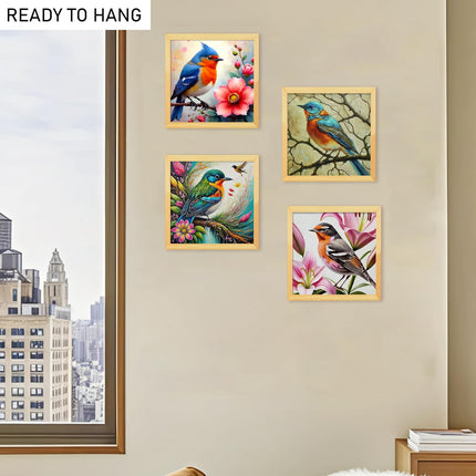 Floral Birds Theme Wall Art, Beautiful Artwork Frame Prints, Textured Posters for Living Room, Bedroom, Home Decor (Wooden- Design 3)