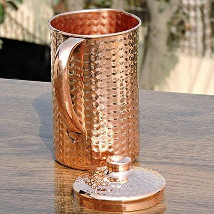 FINDOSOM Pure Copper Hammered Water Jug UNLINED, UNCOATED and LACQURE FREE (Copper Pitcher) for Ayurveda Health Benefits - 1500 Ml