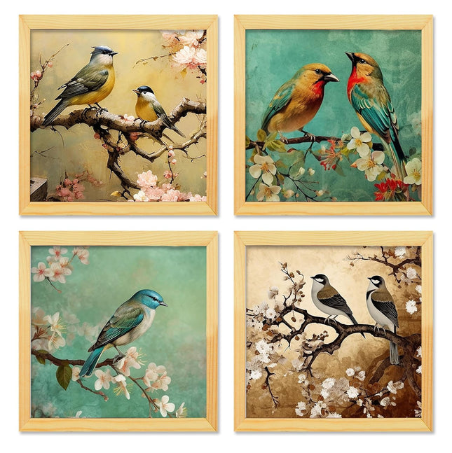 Floral Birds Theme Wall Art, Beautiful Artwork Frame Prints, Textured Posters for Living Room, Bedroom, Home Decor (Wooden- Design 2)
