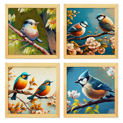 Floral Birds Theme Wall Art, Beautiful Artwork Frame Prints, Textured Posters for Living Room, Bedroom, Home Decor (Wooden- Design 4)